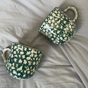 Ceramic Coffee Mugs – Green & White Spotted – Set of 2 – Vintage Style